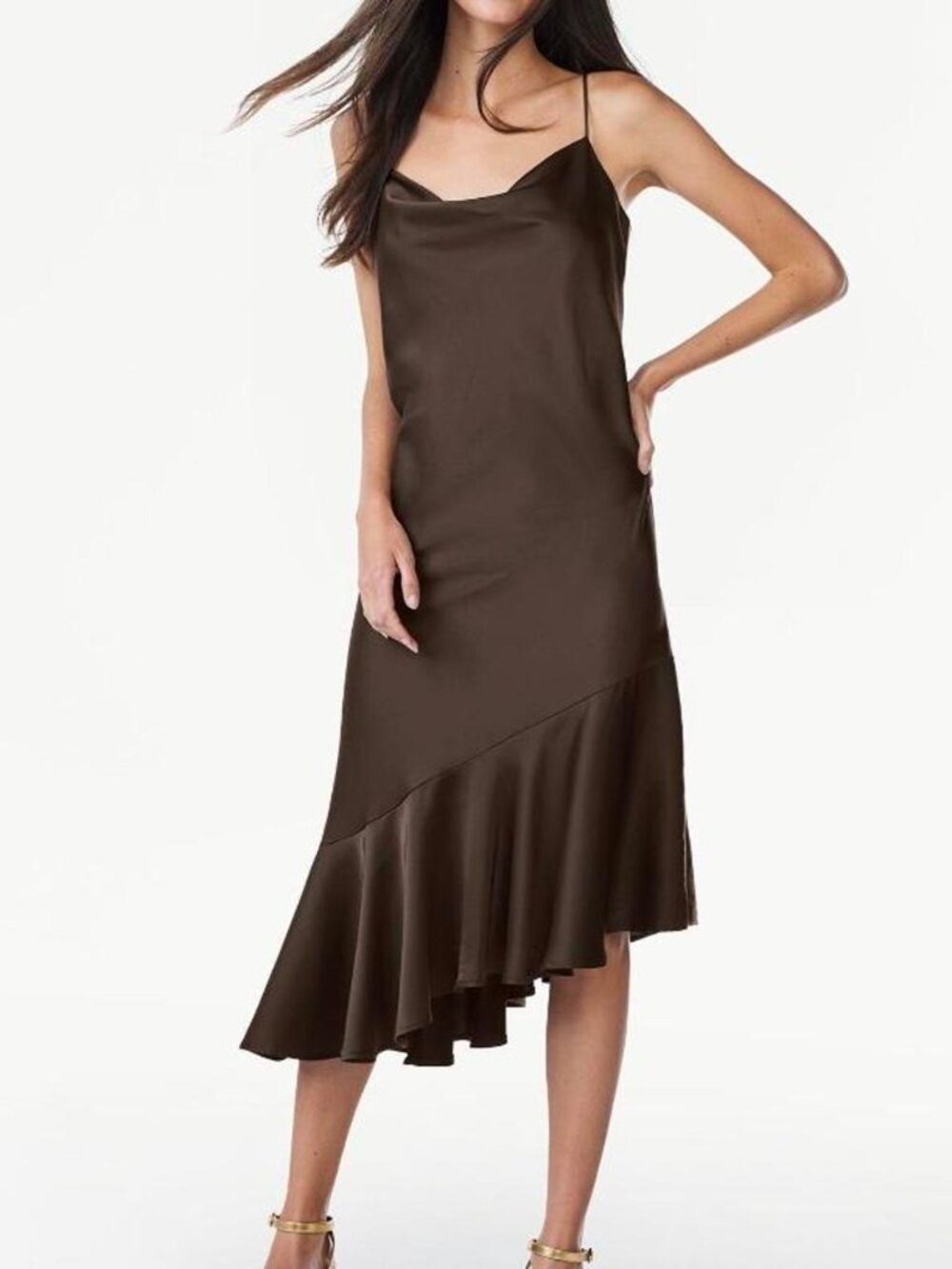 Brown Asymmetrical Ruffle Dress